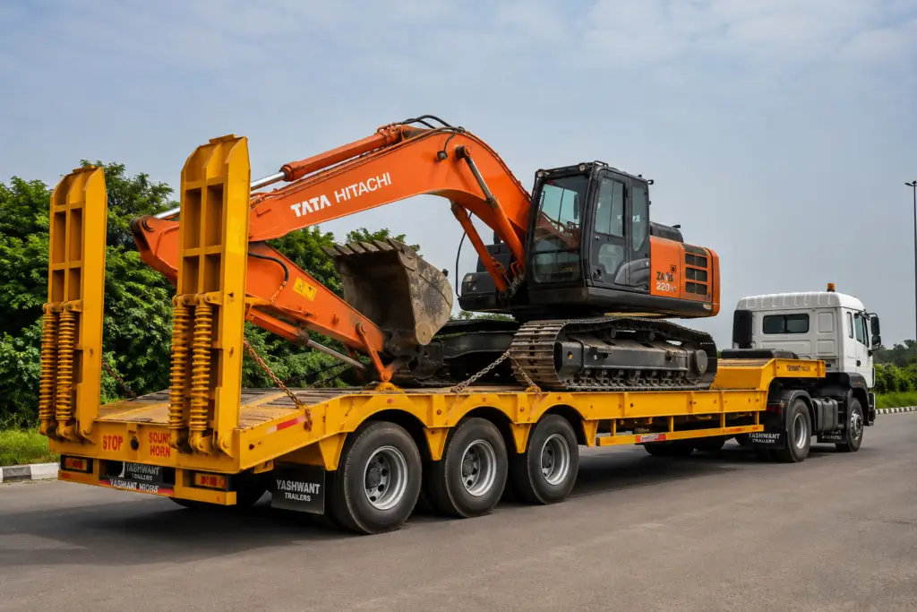 Semi low bed trailer transporting excavator on Indian highway