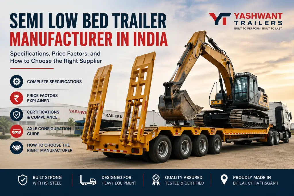 Semi low bed trailer manufacturer in India transporting a hydraulic excavator on a heavy-duty trailer with specifications and price guide