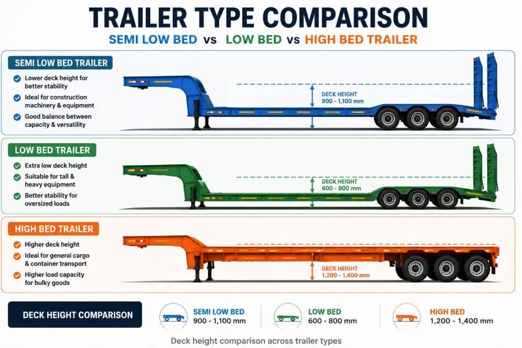 Comparison of semi low bed, low bed, and high bed trailer deck heights
